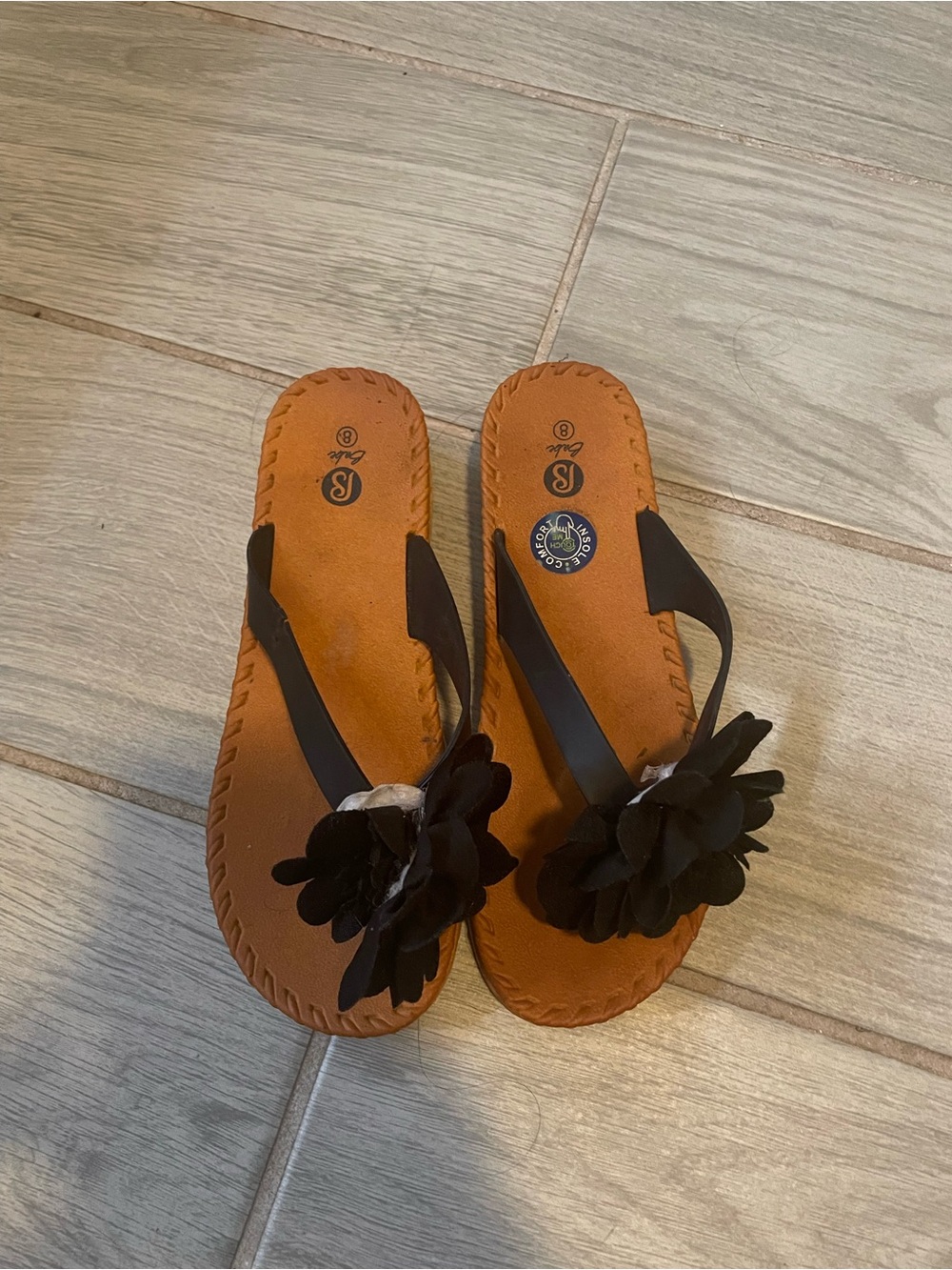Women’s Black Floral Toe-Post Sandals with Tan Footbed